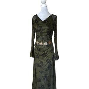 Whimsigoth Olive Floral Mesh Maxi